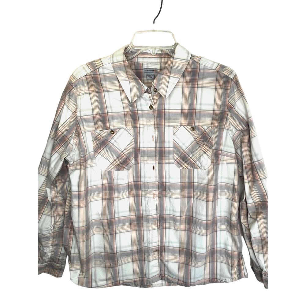 Carhartt Women's Button Up Shirt Roll Tab Sleeves in gray/peach plaid, size XL - Picture 1 of 9